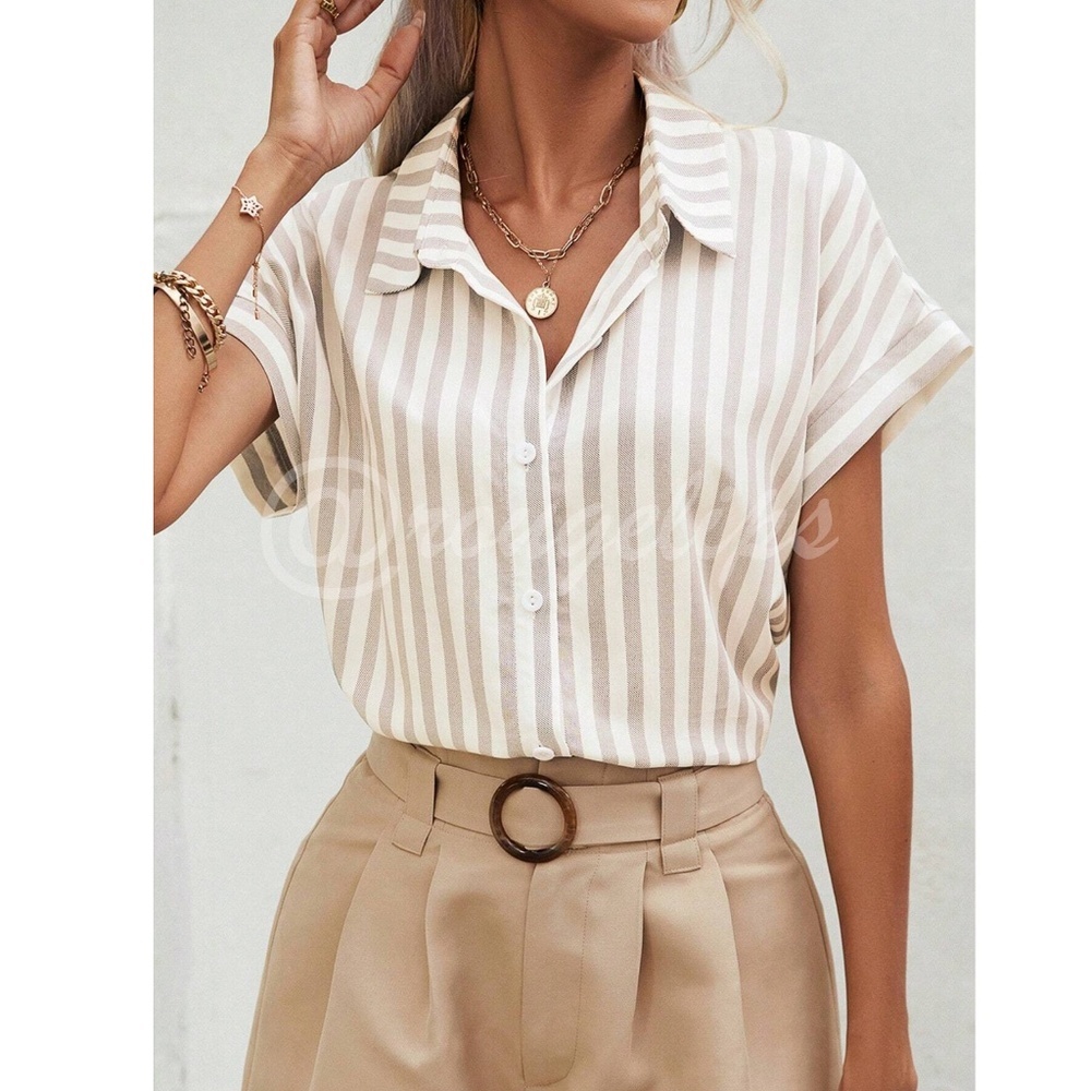 Striped White Khaki Short Batwing Sleeve Button Down Shirt - Picture 4 of 7